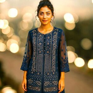 Zoon Collection Navy Embroidered Tunic Dress – Gold Sequin Overlay, Sheer Lace M